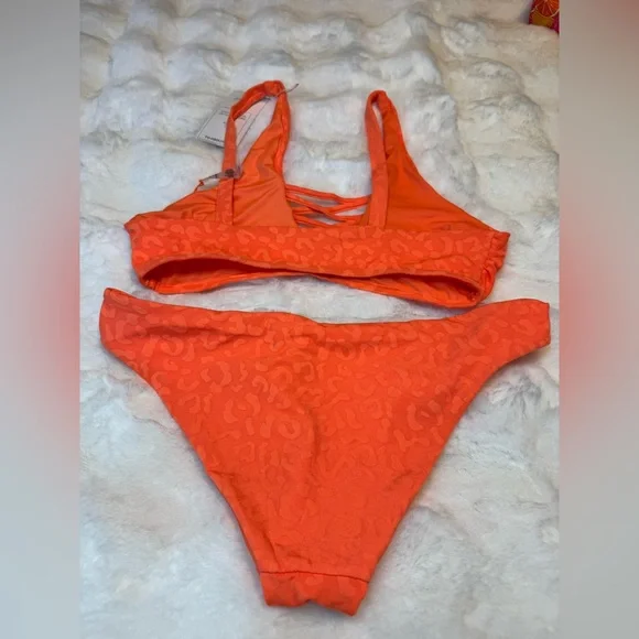 NWT TiniBikini Neon Tangerine Bikini with Cutout and Leopard Monotone Print - Picture 6 of 7